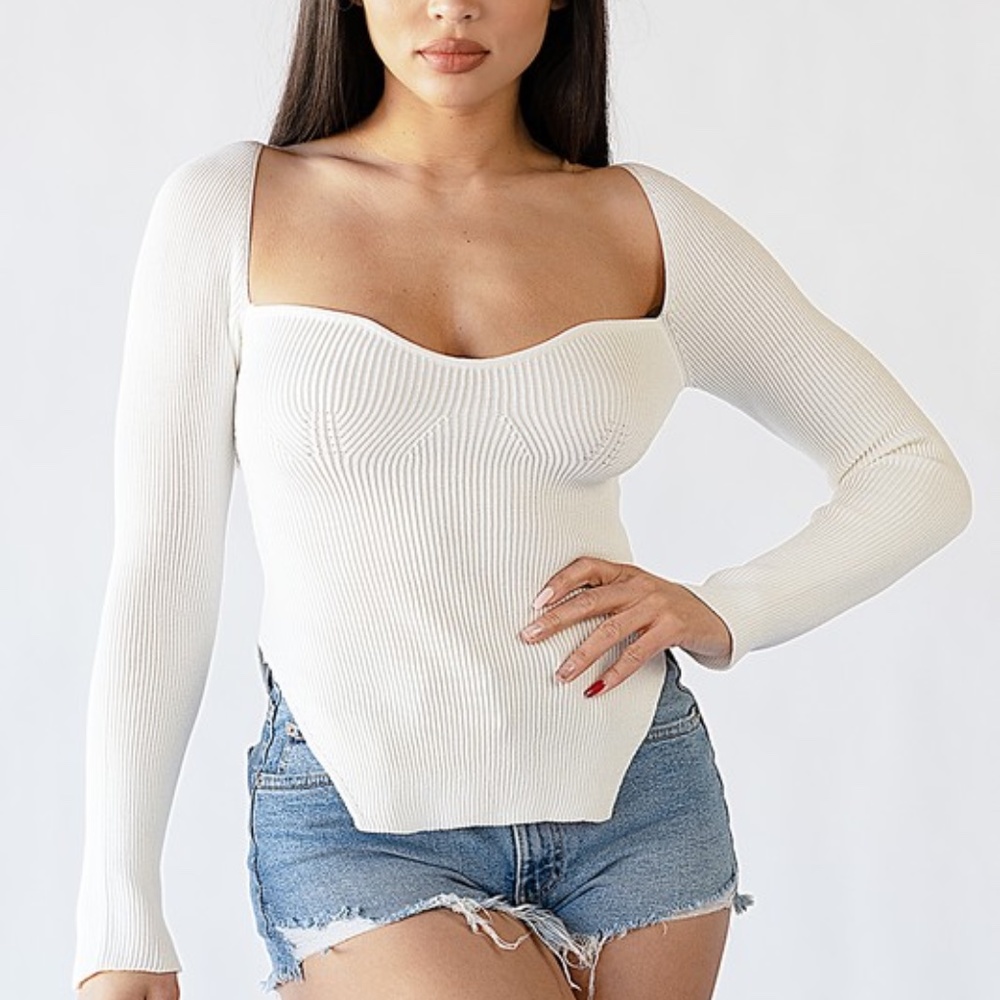 Square Neck Long Sleeve Ribbed Knitted Sweater Top